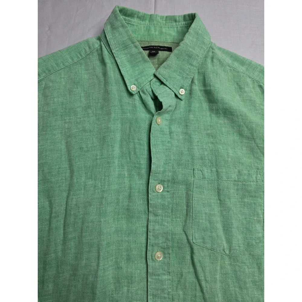 Banana Republic Shirt Men's Medium Green Linen Long Sleeve Button-Down Casual